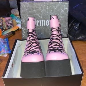 Pink faux leather Demonia platforms.  5inches